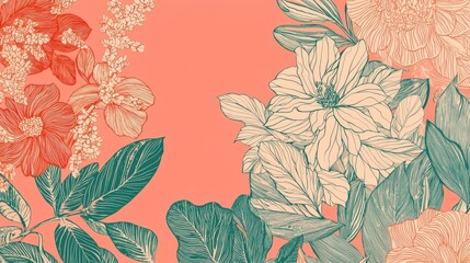 A decorative floral illustration featuring intricate flowers and leaves on a coral background.