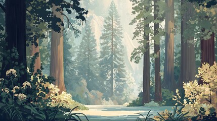 Wall Mural - Sunlight Filtering Through Redwood Trees.