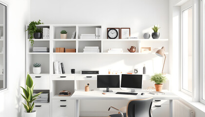 Wall Mural - Home office working space. white shelf with accessories isolated with white highlights, png