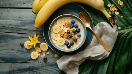 Luxury breakfast with fresh banana fruit closeup view