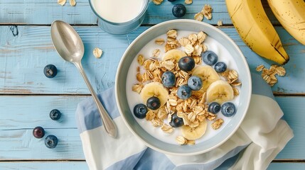 Fresh sliced banana fruit with milk breakfast closeup view