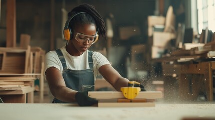 A young black woman in overalls is using an electric sander to sand down wood.