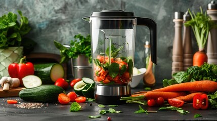 Blender mixer in kitchen with various vegetables ready to make vegetable smoothie drink.