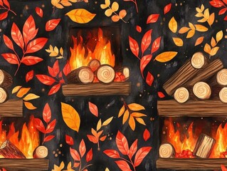 Wall Mural - Seamless digital pattern design featuring a cozy autumn fireplace scene with crackling logs and warm inviting flames  Elegant modern and minimalist abstract background texture with a natural