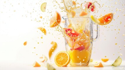 Wall Mural - Blender mixer at work with fruit slices flying around in air isolated over plain background.