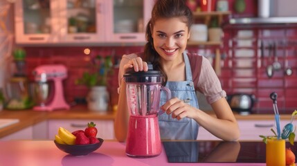 Wall Mural - A female is making a healthy smoothie drink with a blender mixer in kitchen