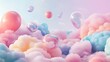 © Surachet - A creative and smooth pop surrealism background with floating objects and pastel-colored clouds merging into abstract forms