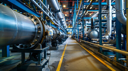 The hightech industrial facility includes advanced pipeline and valve systems, designed for chemical, oil, or gas processing. It showcases modern engineering infrastructure