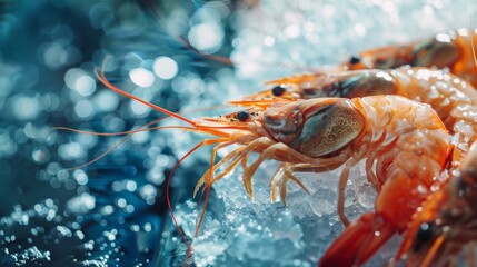 Photo of fresh tiger prawns on ice at the market.