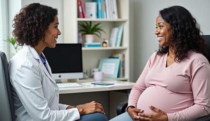 Wall Mural - photo of pregnant woman with her doctor happy discussing at room in clinic hospital, generative AI