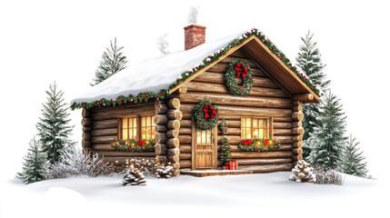 Decorated log cabin Christmas transparent background