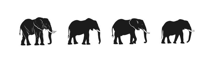 Elephant Silhouettes in Different Poses. Vector icon design.