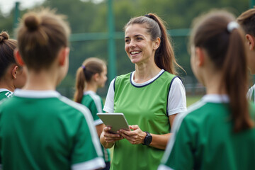 photo of woman coach instructor trainer teaching teenage player at soccer field, generative AI