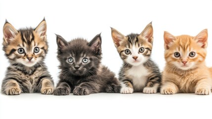 An isolated white background shows puppies and kittens seated together, representing a friendship between animals