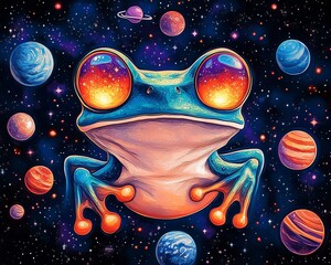 Wall Mural - Neon frog face with glowing eyes, hopping across planets and stars in a magical space scene