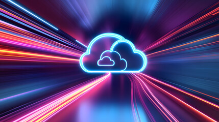 Wall Mural - futuristic 3d illustration of a neon-lit cloud icon with vibrant light trails in a tunnel. fast data
