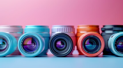 Wall Mural - Colorful Camera Lenses on Pastel Background Celebrating World Photography Day in Vibrant Style