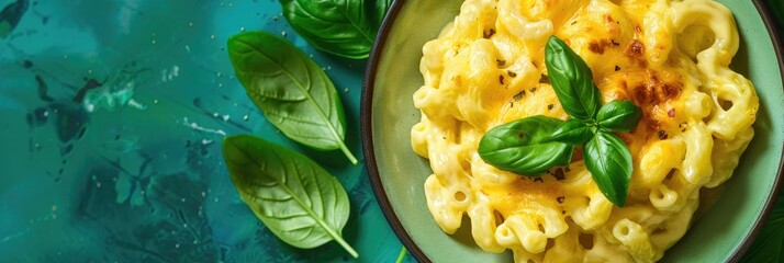 Wall Mural - Delicious Mac and Cheese Served on a Bright Green Porcelain Plate