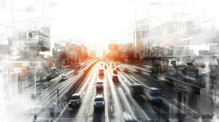 An urban highway at dawn or sunset bustling with vehicles in a city landscape of high-rise buildings, capturing the vibrant essence of city life.