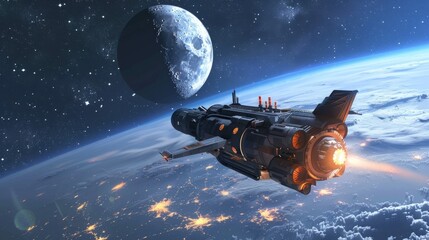 Spaceship flies over planet with moon, showcasing futuristic scene with detailed illustration of ship against dark space and white clouds. Land and water visible on planet surface.