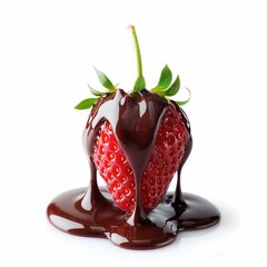 Fresh strawberry fruit with chocolate coating dripping down isolated over white background