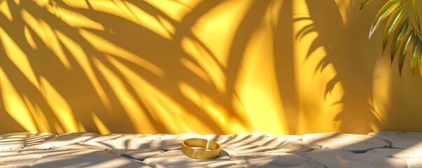 Wall Mural - A Golden Ring on a White Stone Platform with Palm Leaf Shadows on a Yellow Wall