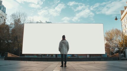 A man behind a white billboard and a copy space background.