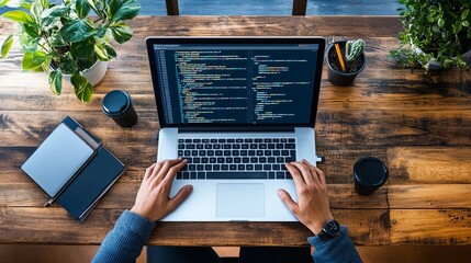 Coding Workspace with Laptop and Plants