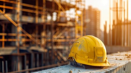 A yellow hard hat rests on a concrete ledge at a construction site during sunset.