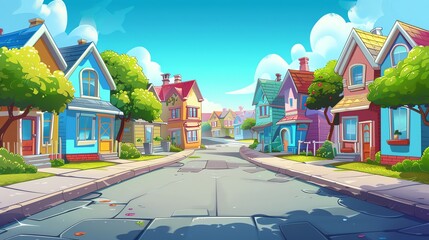 A cartoon-style illustration of a street with colorful houses and green trees.