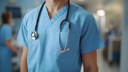 Wall Mural - Medical professional in light blue scrubs, stethoscope around neck, torso view, hospital background, bright natural lighting, soft focus, copy space for text, healthcare concept.