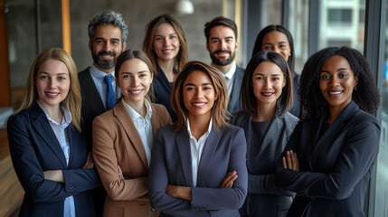 A diverse group of businesspeople poses for a professional team photo, exuding confidence and professionalism, while looking smart and impeccable.