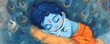 © Margarita Ratatosk - Cute little sleeping baby Krishna with blue skin and peacock feather. Hindu god Lord Krishna. Krishna Janmashtami, Govardhan Puja. Indian religious festival