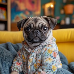 Wall Mural - A pug dog is wearing a floral jacket and sitting on a couch