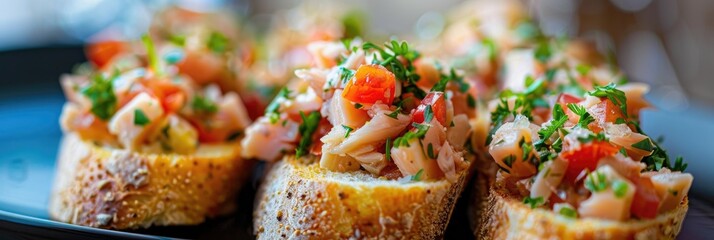 Canvas Print - Selective focus on bruschetta topped with tuna p�t� and fish rillettes