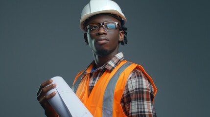 A construction worker reviews plans while dressed in a safety vest and hard hat