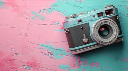 Sticker - Vintage Camera on Pastel Background Celebrating World Photography Day with Artistic Texture and Vibrant Colors