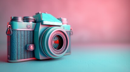 Wall Mural - Vintage Camera on Pastel Background Celebrating World Photography Day with Soft Pink and Blue Tones