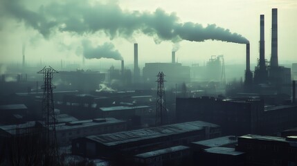 A foggy industrial landscape with smoke billowing from factories and power lines.