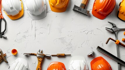 Labor Day Frame Border Background with Construction Tools and Safety Helmets on White Concrete Surface