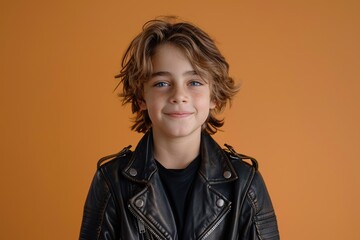 Wall Mural - A young boy with brown hair and blue eyes is smiling for the camera