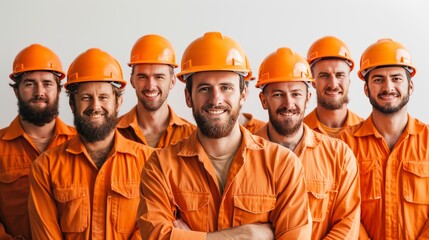 Wall Mural - Labor Day Celebration Frame Border Background with Happy Workers in Orange Uniforms and Hard Hats