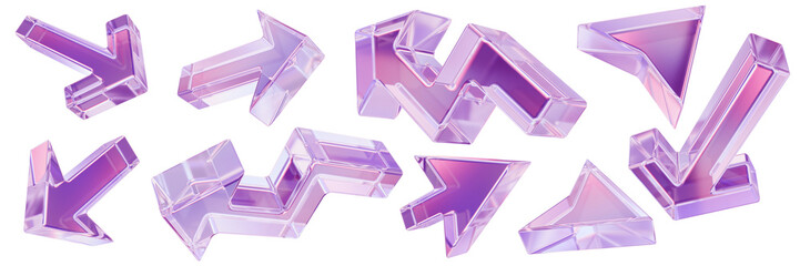 Wall Mural - 3D glass arrow set, transparent UI cursor icon, crystal purple y2k glossy direction emblem, pointer. Game interface pictogram, website click navigation shape, modern web button. 3D arrow collection