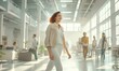 © Daniela - A woman walks confidently through a spacious and well-lit modern office, with several people in the background, suggesting a busy and productive work environment
