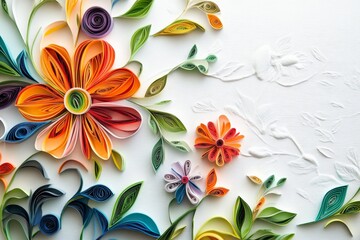 Colorful quilled paper flowers and leaves on a bright white background, depicting intricate and vibrant floral art.