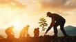 © taelefoto - An Inclusive Group of People Collaboratively Planting Trees During a Beautiful Sunset in Nature's Embrace of Togetherness.