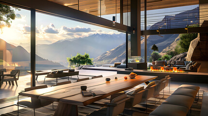 Wall Mural - Witness the perfect blend of architecture and nature in a luxury mountain home. This illustration offers a breathtaking view from a contemporary living space.