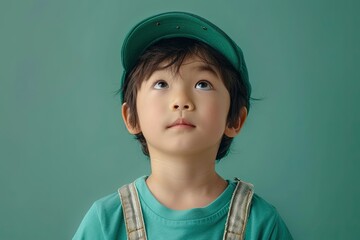 Wall Mural - A young boy wearing a green hat and a green shirt is looking up at the camera