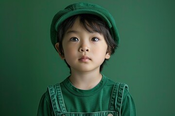 Wall Mural - A young girl wearing a green hat and a green shirt is standing in front of a green background