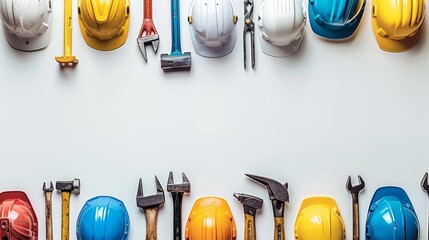 Wall Mural - Frame Border Background of Labor Day Concept with Construction Tools and Safety Helmets on White Background